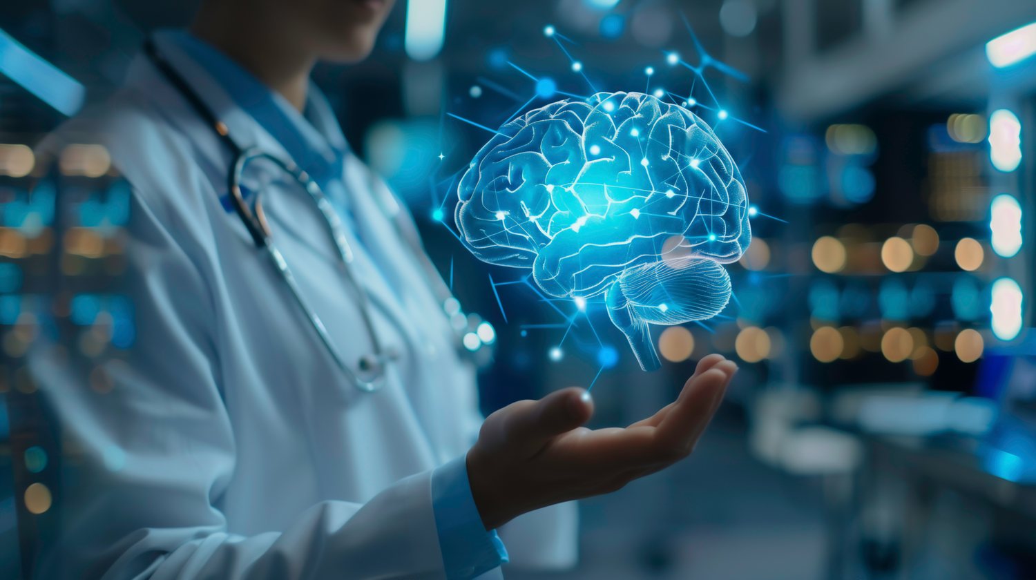A physician holding a glowing illustration of a human brain