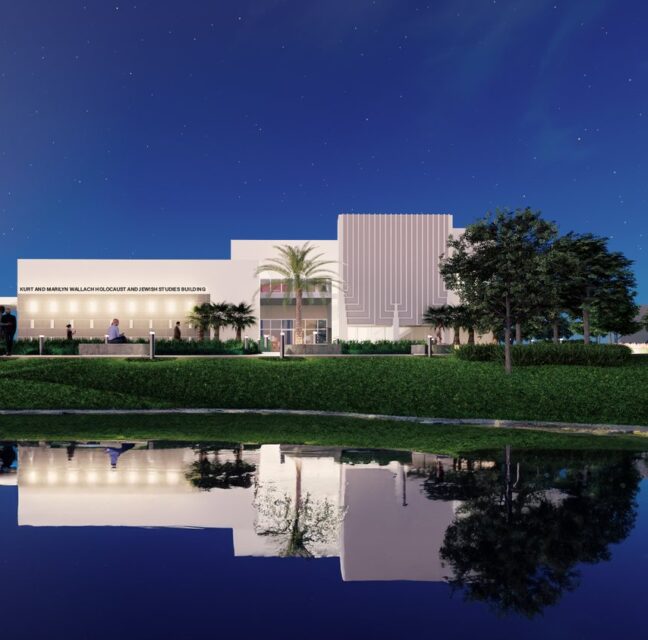 Night rendering of the Kurt and Marilyn Wallach Holocaust and Jewish Studies Building