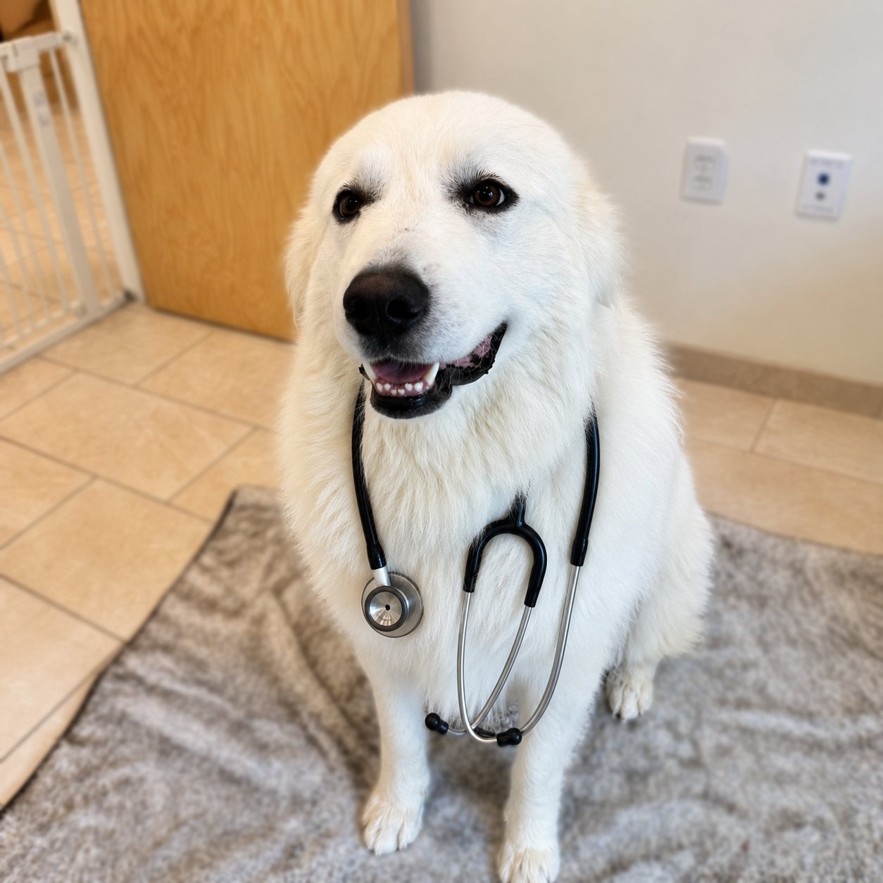 A large white dog wearing a stethoscope